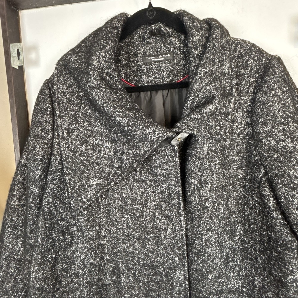 Preston & York Womens Overcoat‎ 26 Black White Tweed Asymmetrical Collar Wool - Picture 4 of 7